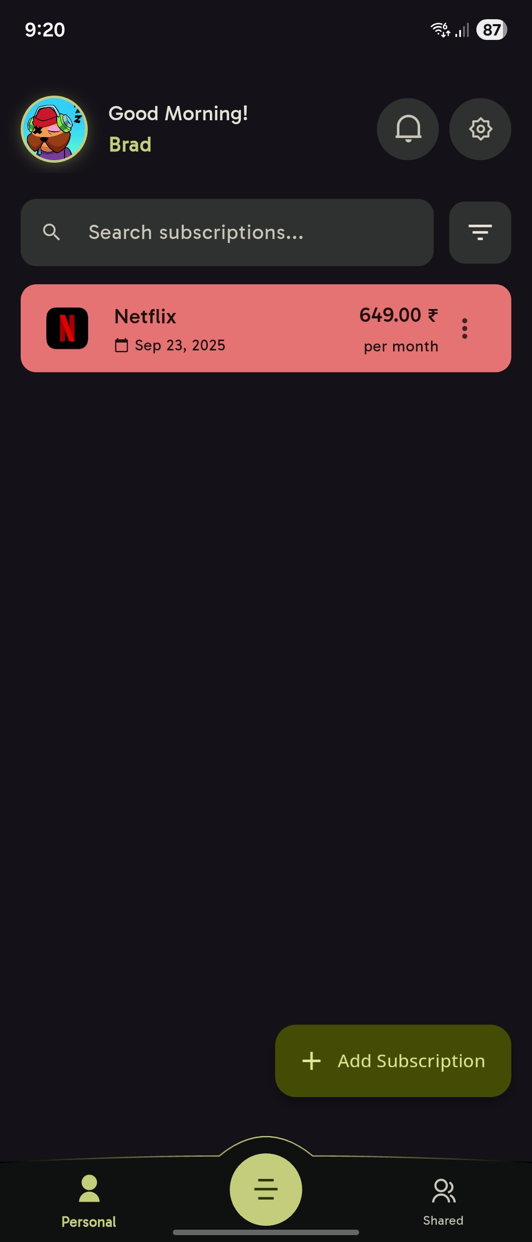 Subscryber App Interface